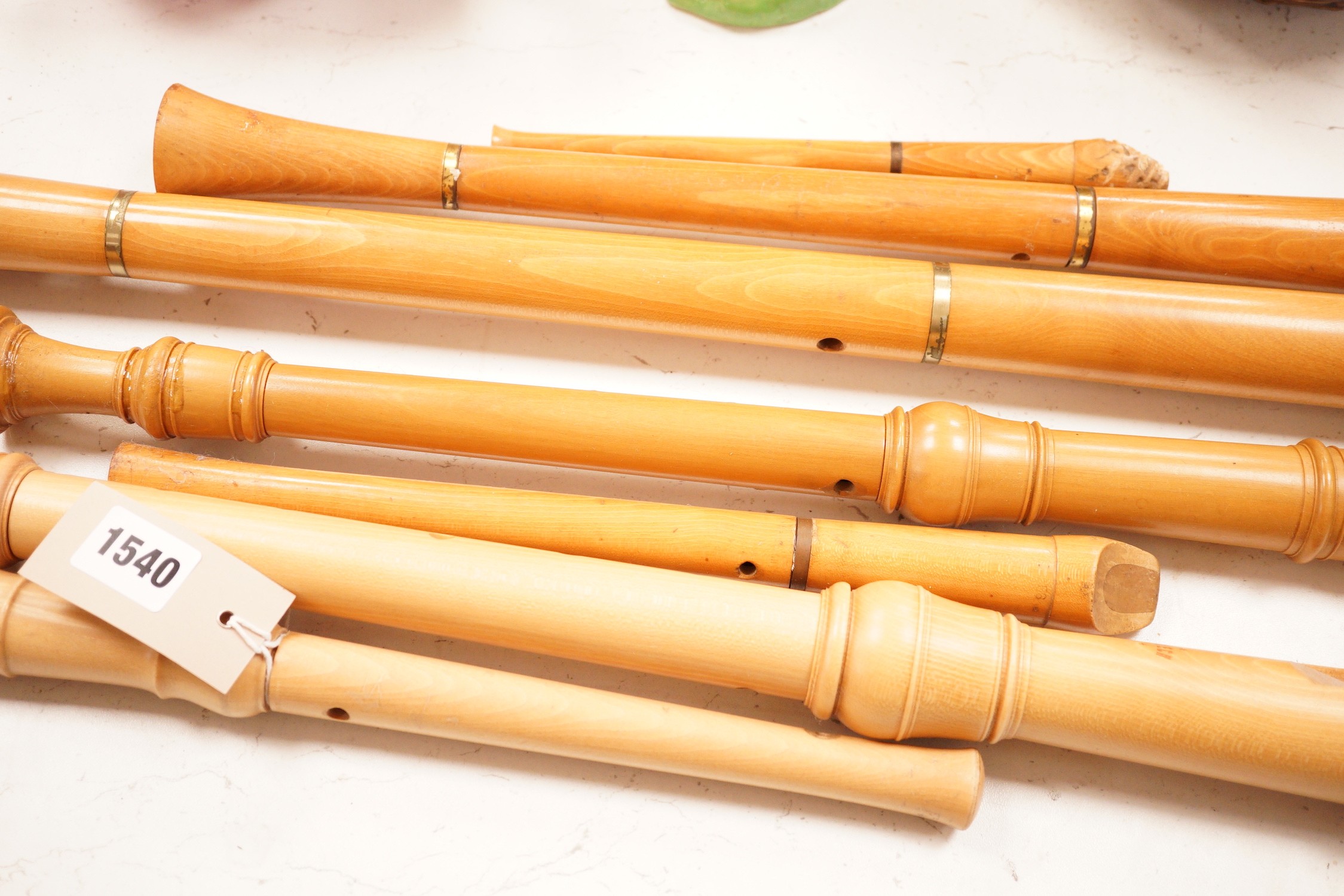 A group of seven recorder wind instruments